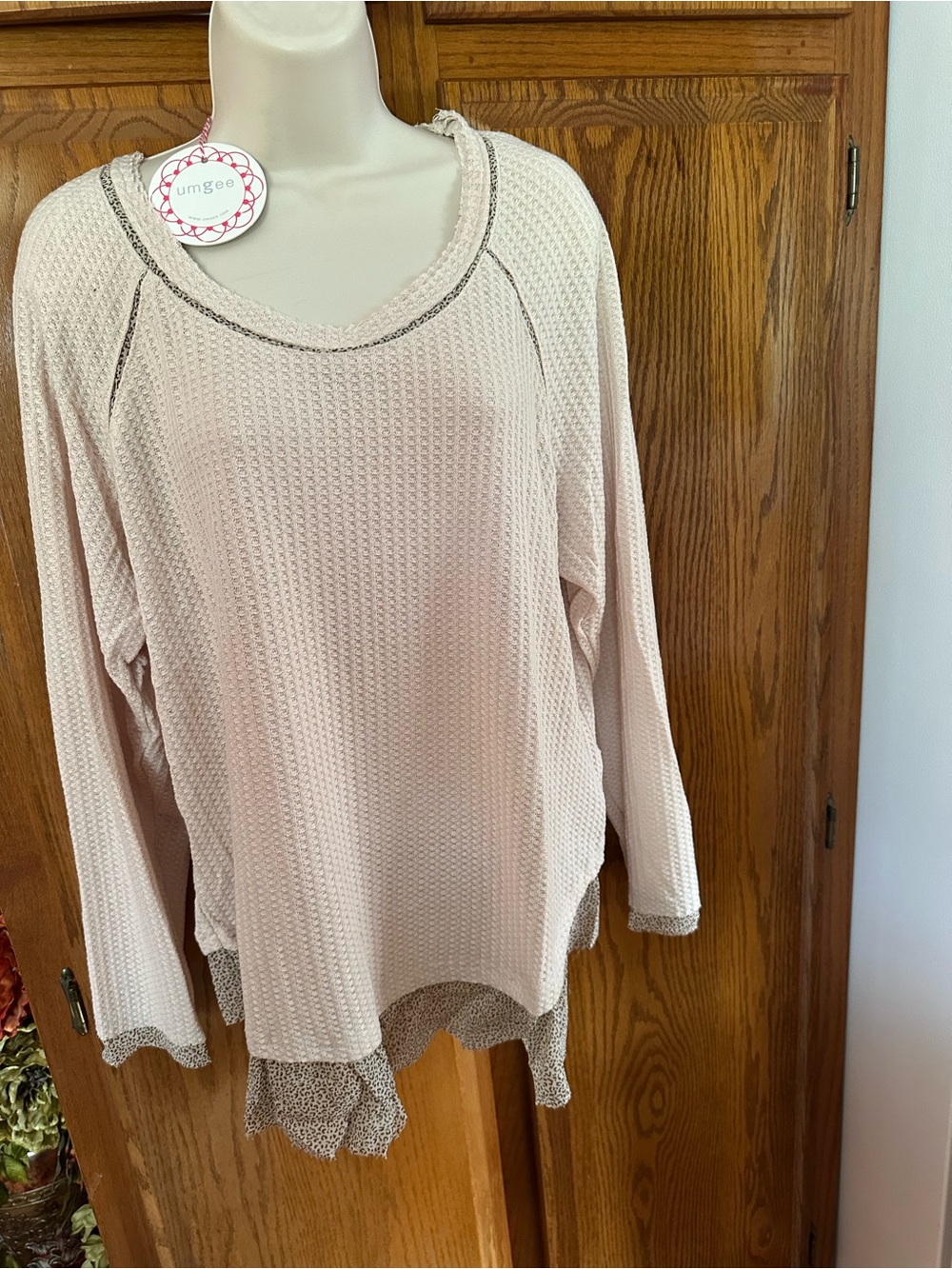Umgee Blush Waffle Knit Layered-Hem Long Sleeve Top